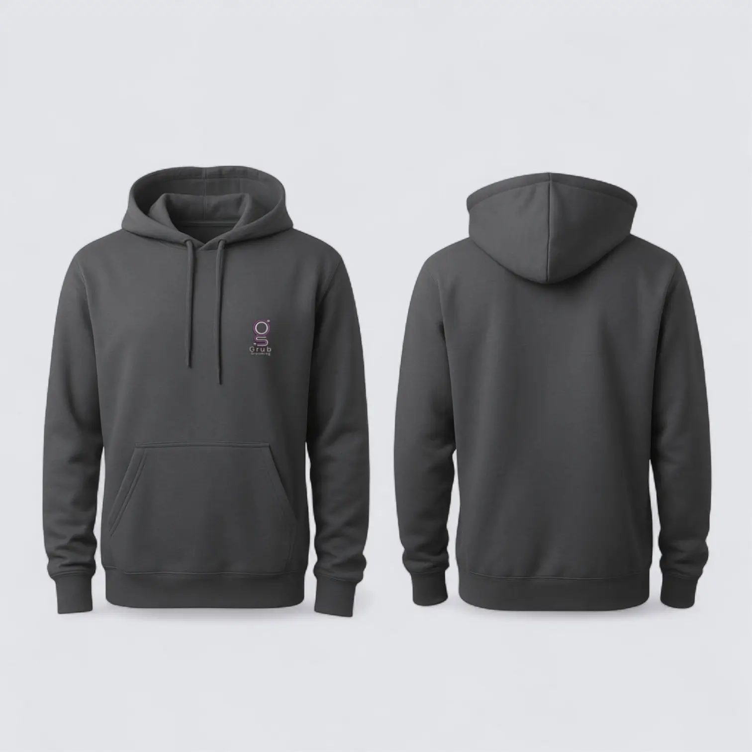 Saco profesional gris de GRUB Grooming, vista frontal y trasera. Hoodie con bordado frontal del logo, sin detalles en la parte posterior. Diseñado para ofrecer confort térmico y una imagen corporativa elegante en talleres, ferias o demostraciones.