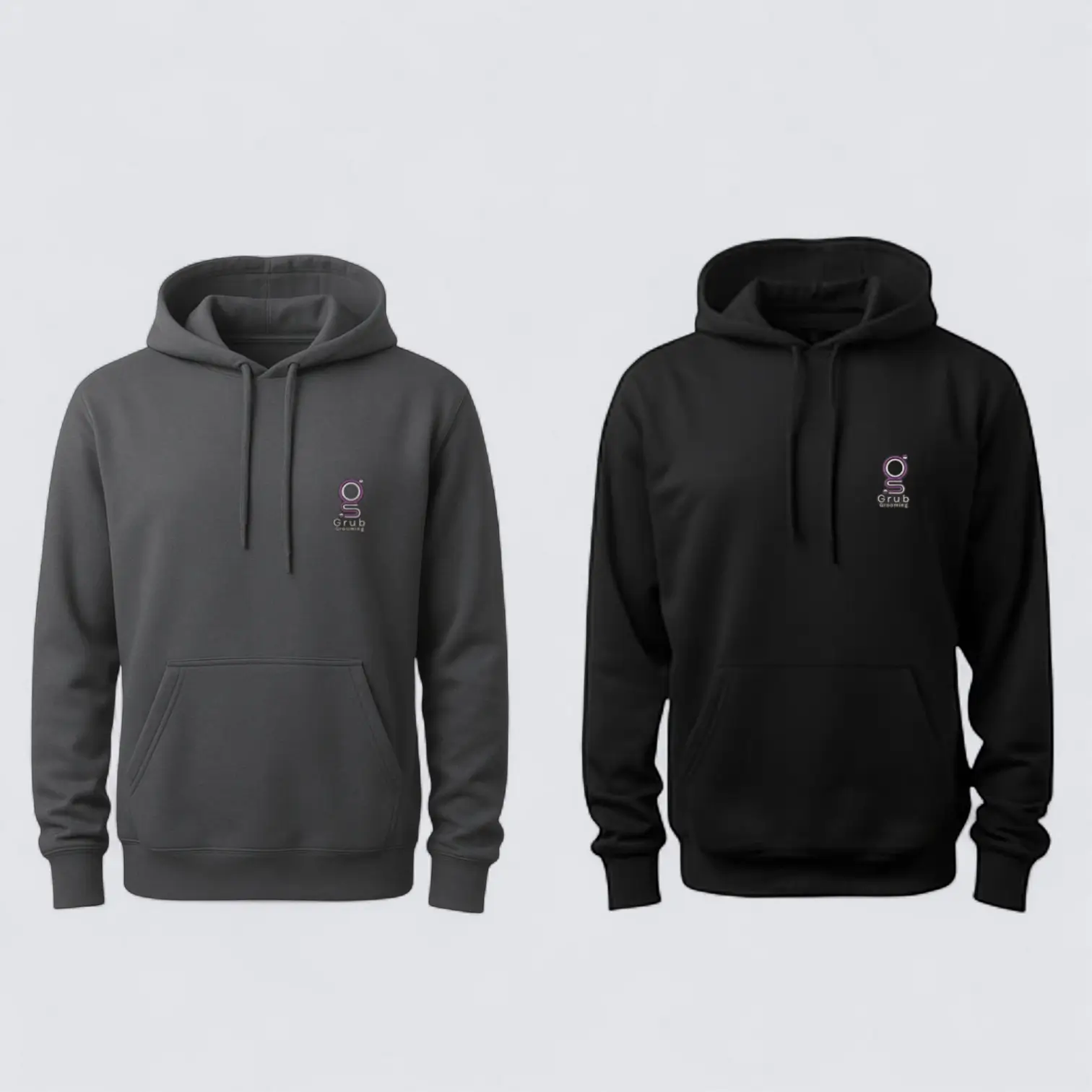 Colección de sacos profesionales de GRUB Grooming en colores negro y gris. Hoodies con bordado frontal del logo, diseñados para groomers que buscan comodidad y presentación impecable. Material algodón premium, corte unisex y interior térmico liviano. Tallas: S – M – L – XL – XXL.
