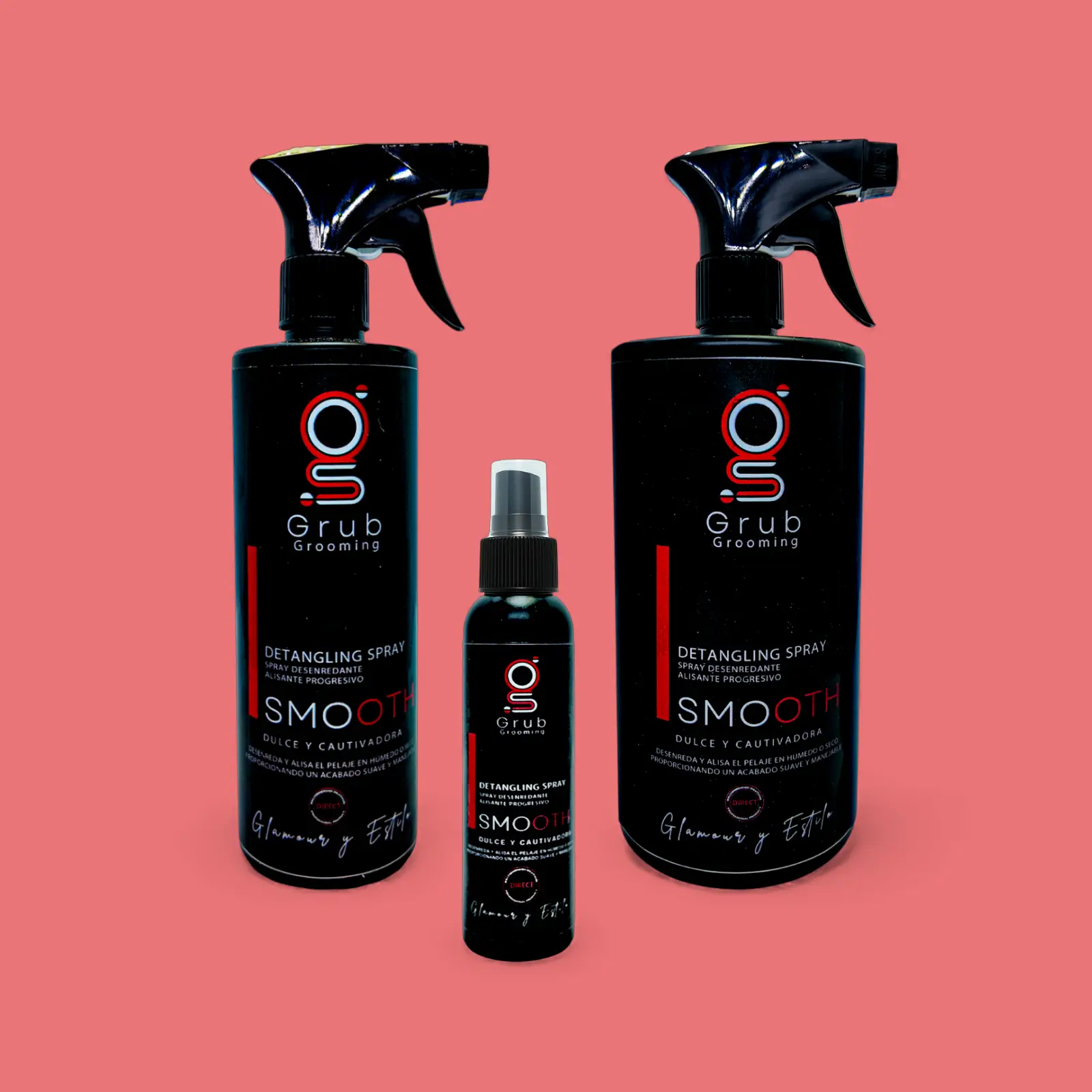 Colección de spray desenredante Smooth de GRUB Grooming en presentaciones de 1000 mL, 500 mL y 120 mL. Spray alisante progresivo que desenreda y alisa el pelaje en húmedo o seco, proporcionando un acabado suave y manejable.