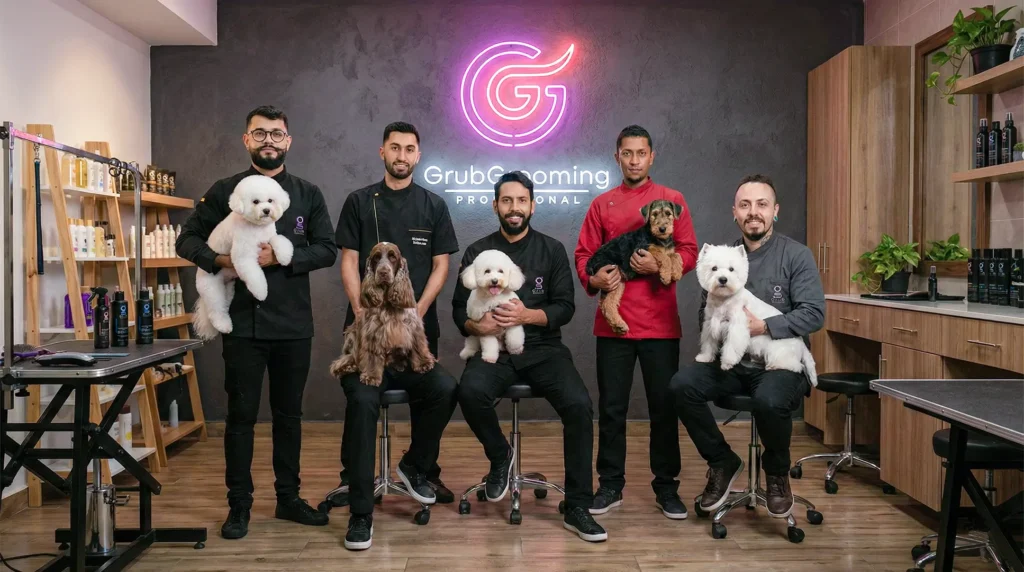Equipo de groomers profesionales GRUB Grooming en su salón junto a perros y productos